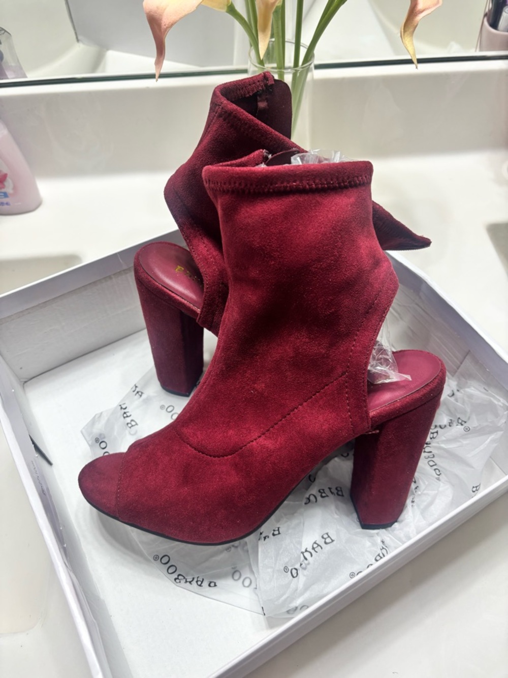 BAMBOO Burgundy Suede Open-Heel Block Heel Booties